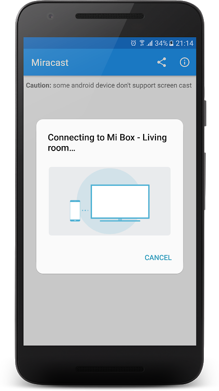 连接中弹窗:Connecting to Mi Box - Living room,带取消按钮